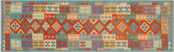 Flat Weave Kilim, Antique, Navaho, Vintage, Handmade, Geometric Kilim Rust Blue Hand-Woven Runner 100% Wool Area Rug 3 x 10